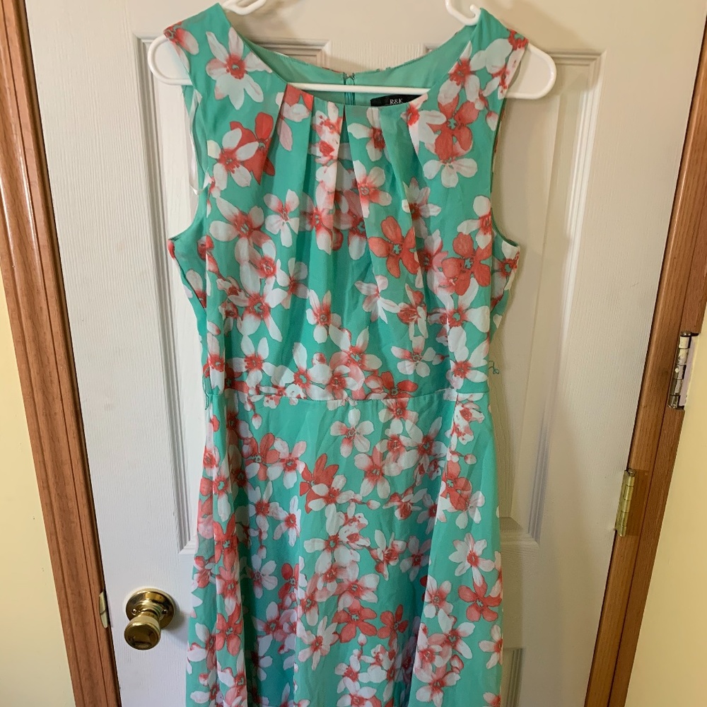 Teal dress with pink floral print